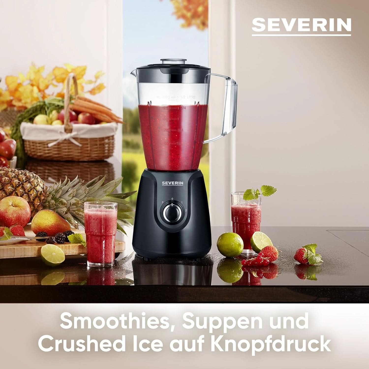 SEVERIN Standmixer Mit 1,5 L Mixbehälter Aus Tritan, Mixer Mit 2 Stufen og Pulse-Funktion, Leistungsstarker Küchenmixer Mit Edelstahlmesser, 600 W, Schwarz, SM 3707 Kitchen Naty Shop