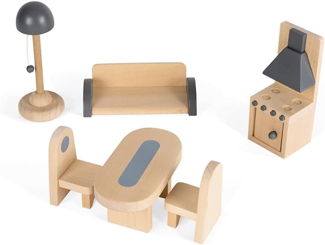 Janod - Mademoiselle dukkehus i træ, 3 etager og 11 tilbehør, kopilegetøj, udvikler fantasi, i alderen 3+, J06581, Pink Naty Shop dukkehuse