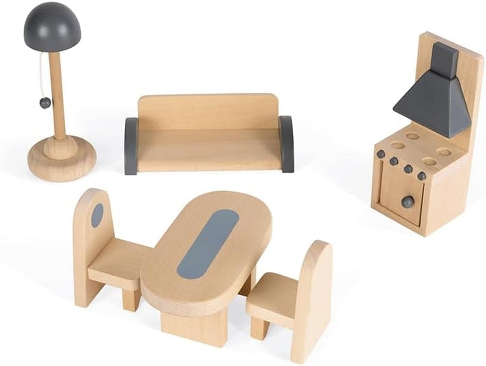 Janod - Mademoiselle dukkehus i træ, 3 etager og 11 tilbehør, kopilegetøj, udvikler fantasi, i alderen 3+, J06581, Pink Naty Shop dukkehuse