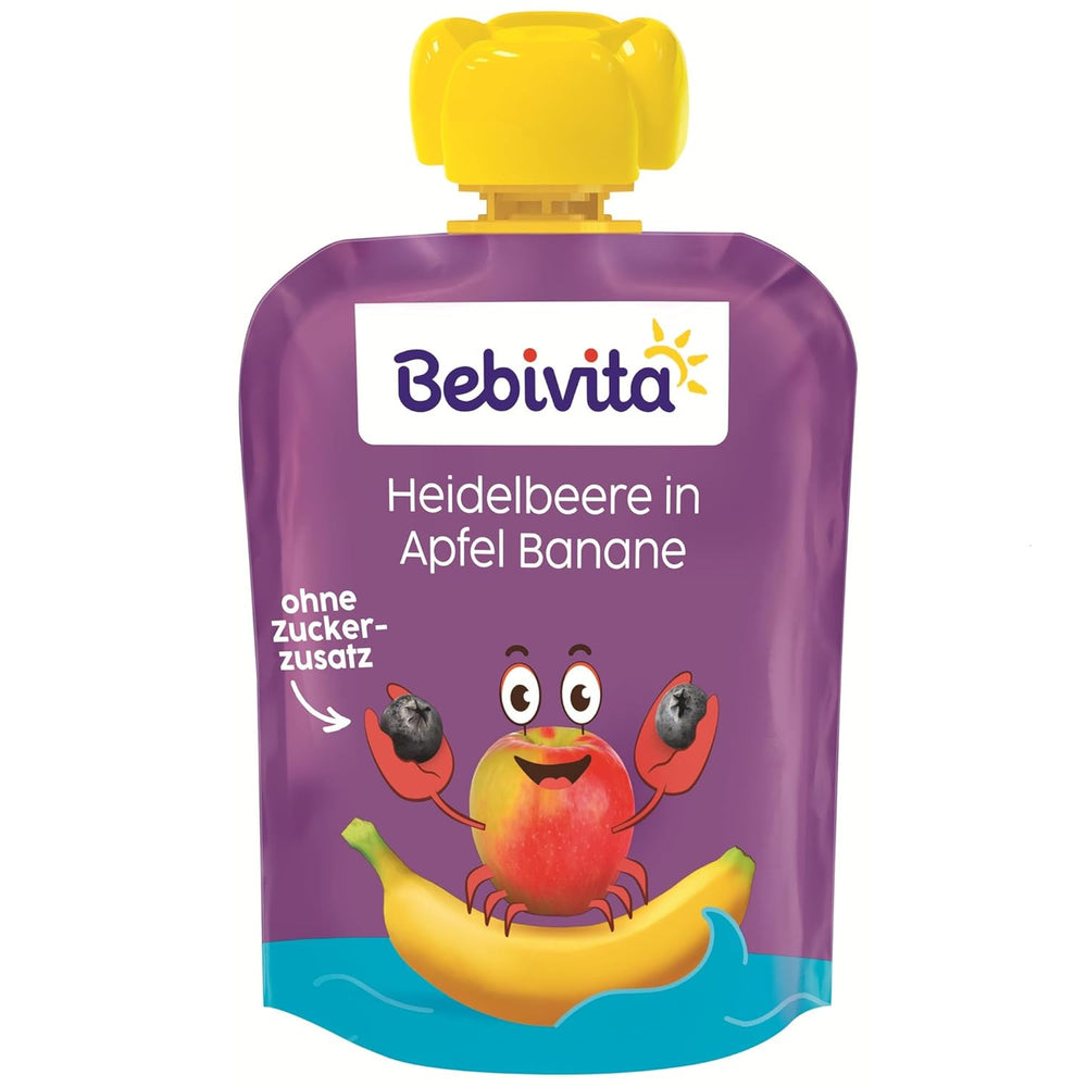 Blåbær-, æble- og bananpresselige poser - 16 (4 pakker, 4 x 90 g hver), uden tilsat sukker, glutenfri, ideel til takeaways og snacks på farten