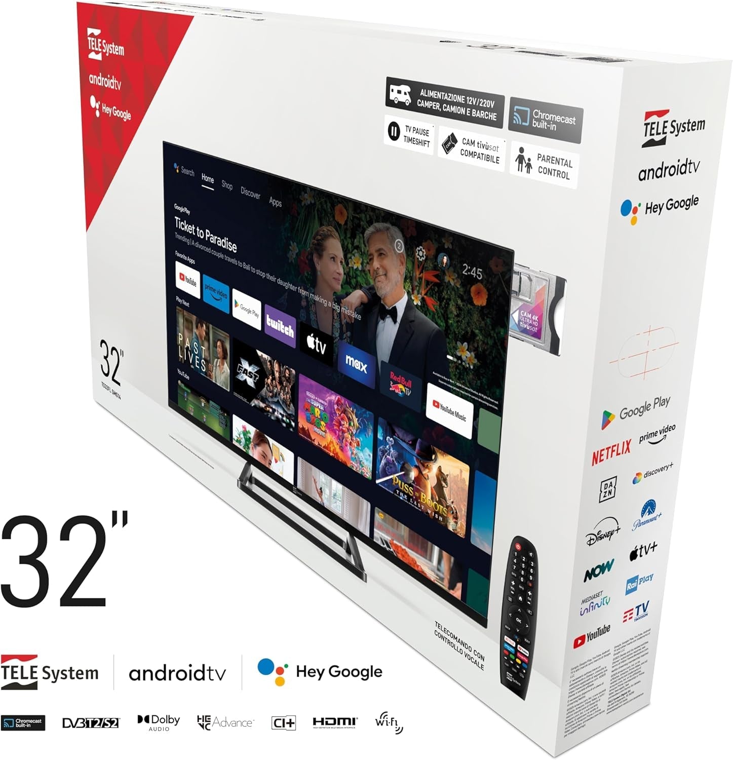 Smart TV 32" TS32FL SMG14, Android TV, DVB-T2/S2, Google Cast/Chromecast, Google Assistant, tivùsat HD, HbbTV, Pauză TV, Telecomandă vocală, 12V/220V pentru acasă, autorulotă, barcă