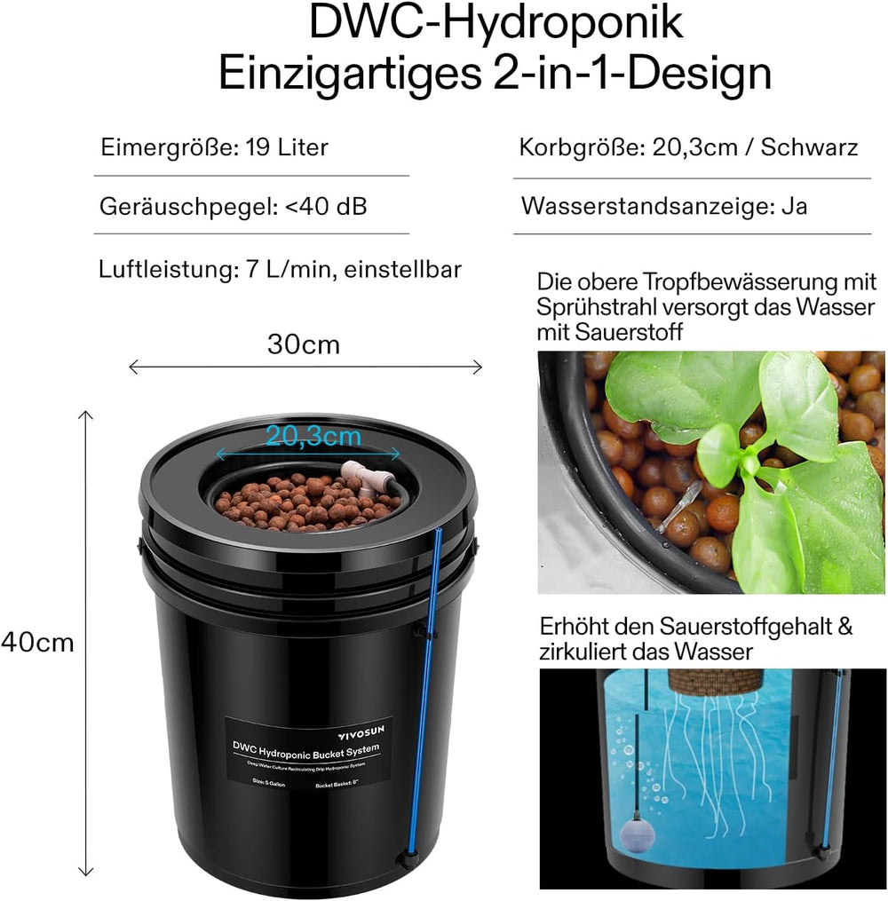 VIVOSUN DWC Hydrokultur Anbausystem med Topf-Dripkit, 5-Gallonen Tiefwasserkultur, Umwälz-Tropfgartensystem med Mehrzweck-Luftschlauch, 8W Luftpumpe og Luftstein (1 Bucket + Top-Drip-Kit)