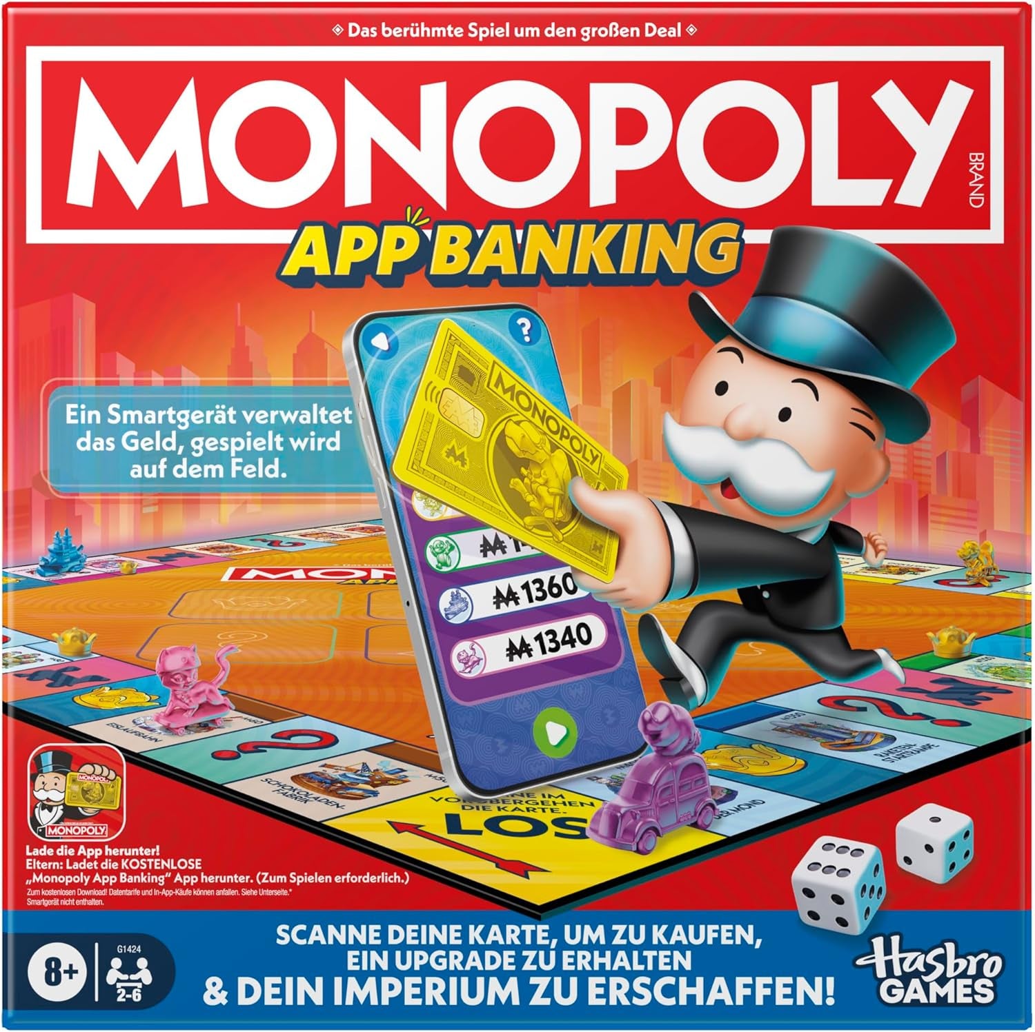 Monopoly Board Game App Banking - tysk version, moderne version af det klassiske elektroniske spil for børn fra 8 år og opefter, for 2 til 6 spillere