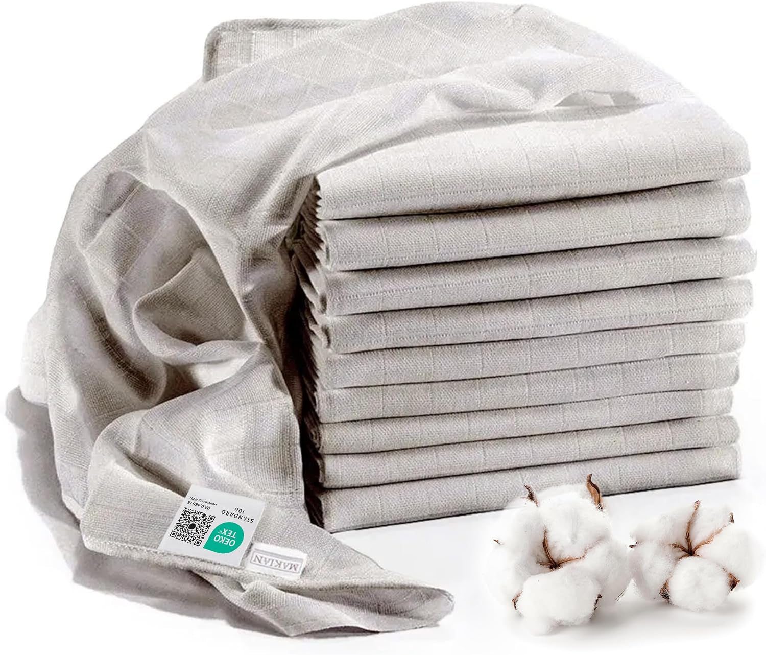 MAKIAN Muslin Squares, Pakke med 10, 80x80 cm, Oeko-TEX® Standard 100 Certified, 10 Premium Burp Cloths - Dobbeltvævede Stof Firkanter / Muslin Squares, Kog resistent - Hvid