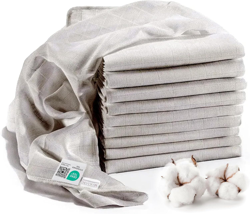 MAKIAN Muslin Squares, Pakke med 10, 80x80 cm, Oeko-TEX® Standard 100 Certified, 10 Premium Burp Cloths - Dobbeltvævede Stof Firkanter / Muslin Squares, Kog resistent - Hvid