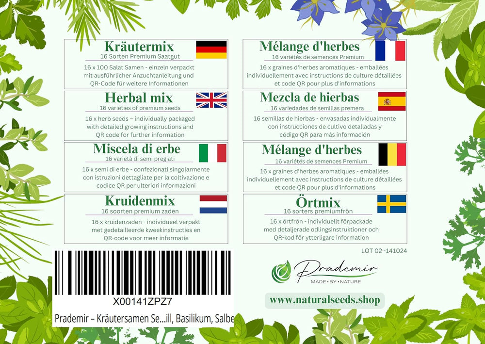 Prademir – Kräutersamen Set fra 16 beliebten Küchenkräutern – Kräuter Anzuchtset mit 100% Natursamen fra Portugal – Kräuter Saatgut aus Oregano, Timian, Merian, Rosmarin, Dild, Basilikum, Sage uvm
