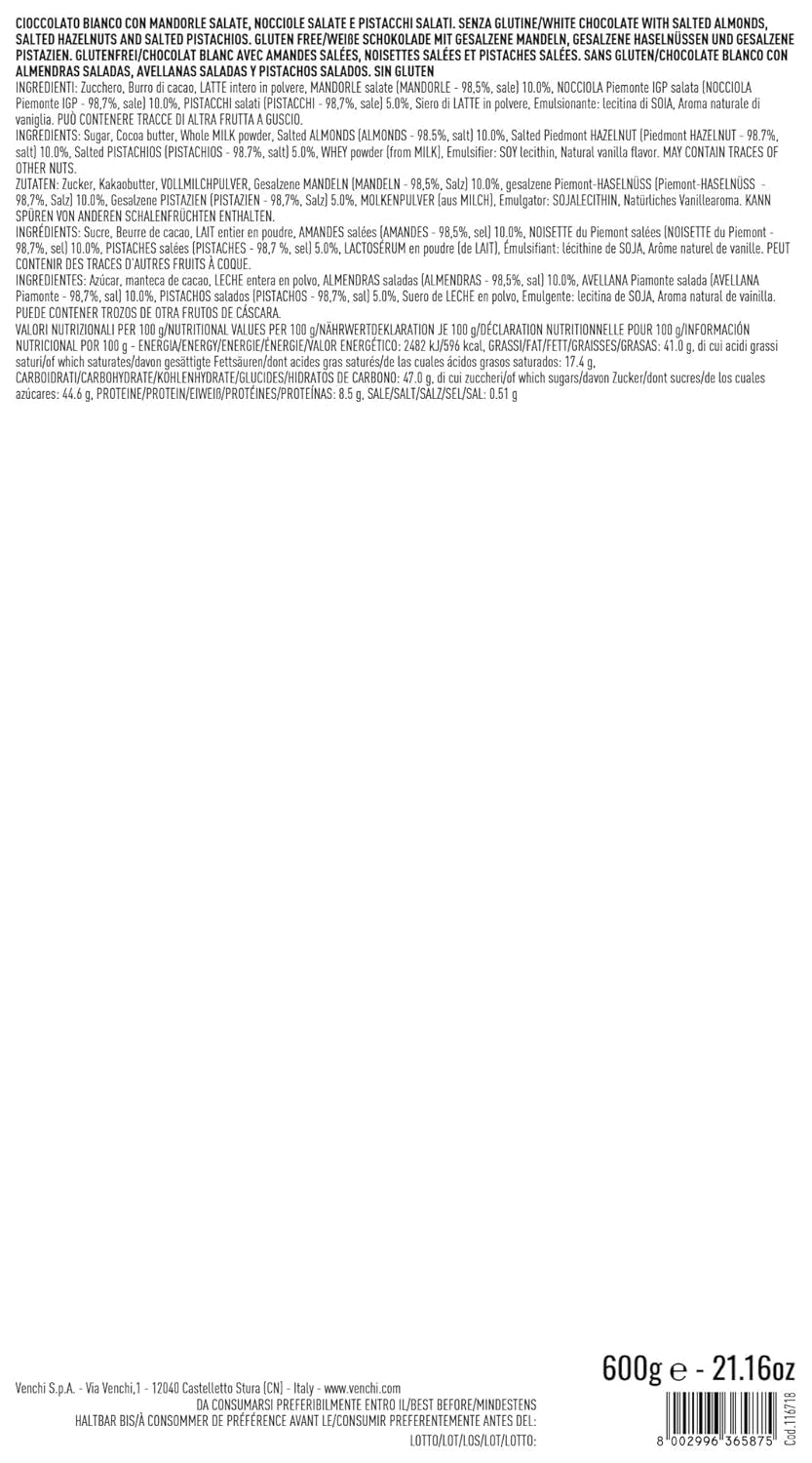 Venchi - White Chocolate Maxi Bar, saltet, 600 g, glutenfri, ingen kunstige farver og ingen konserveringsmidler