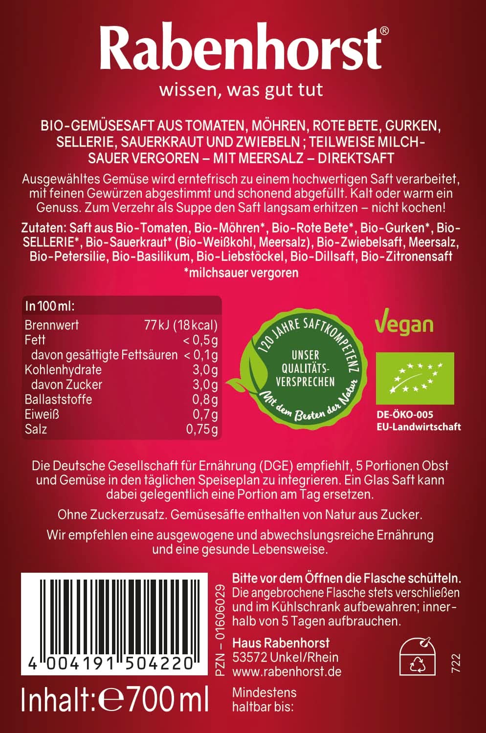 RABENHORST (6 X 700 ml) - Højkvalitets grøntsagsjuice fra forskellige grøntsager Alkoholfri drikke Naty Shop