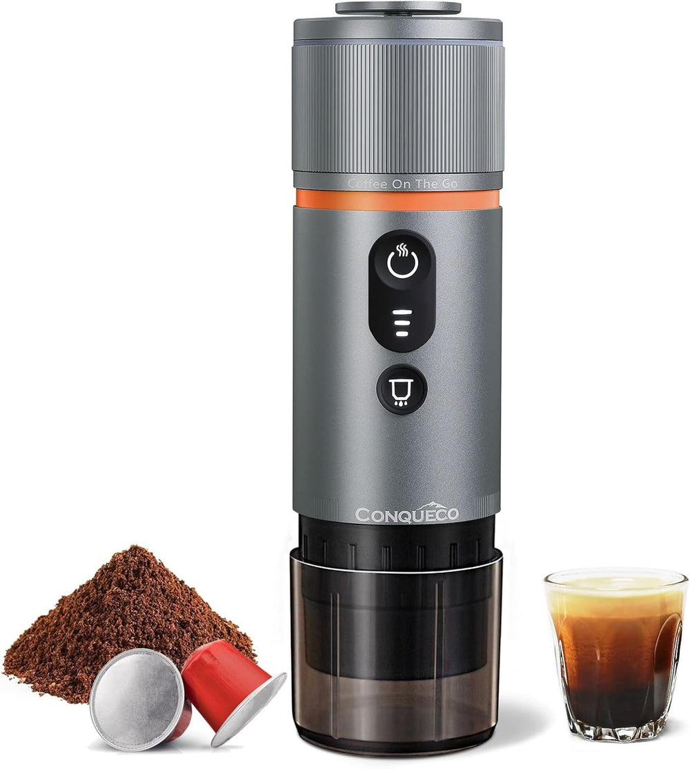 Espressor auto CONQUECO 12V: Espressor portabil cu baterie pentru camping și călătorii - Încălzire rapidă în 2,5 minute - 8 cești de espresso cu o singură încărcare