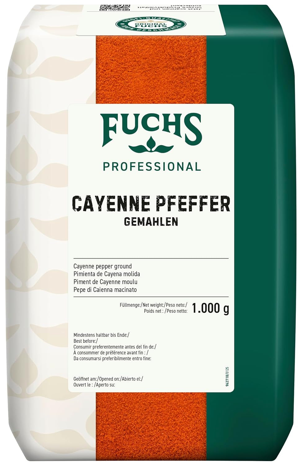 Fuchs Professional - Cayenne Pfeffer gemahlen | Scharfes Gewürz für Chili con Carne | Profi-Qualität für Großverbraucher und Gastronomie | 1 kg im genbrugspose
