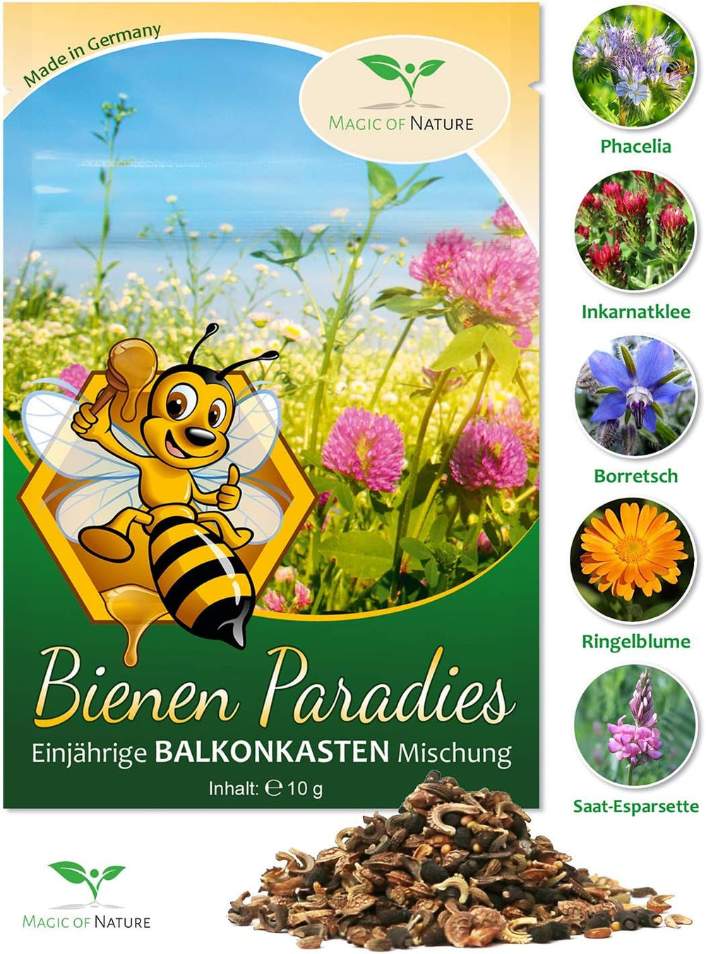 Magic of Nature Balcony Box Mix - 10 g frø - Bivenlige planter - Nem at bruge - Bee Paradise - 5 indfødte dyrkede arter - Velegnet til blomsterkasser og plantekasser
