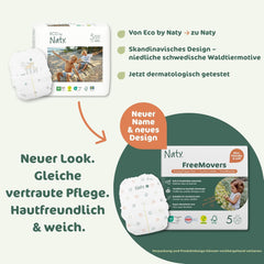 Naty FreeMovers Babybleer | Certificeret hudvenlige blebetræk | Blød og duftfri | Absorberende og lækagesikker | Dermatologisk testet størrelse 5 (12–18 kg) | 80 stk