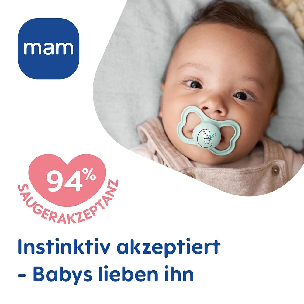 Suzete MAM Air din silicon, pachet de 2, design extra ușor și aerisit, suzetă pentru bebeluși prietenoasă cu dinții, fabricată din silicon special MAM SkinSoft, cu cutie pentru suzetă, 6-16 luni, Ursuleț/Rinocer