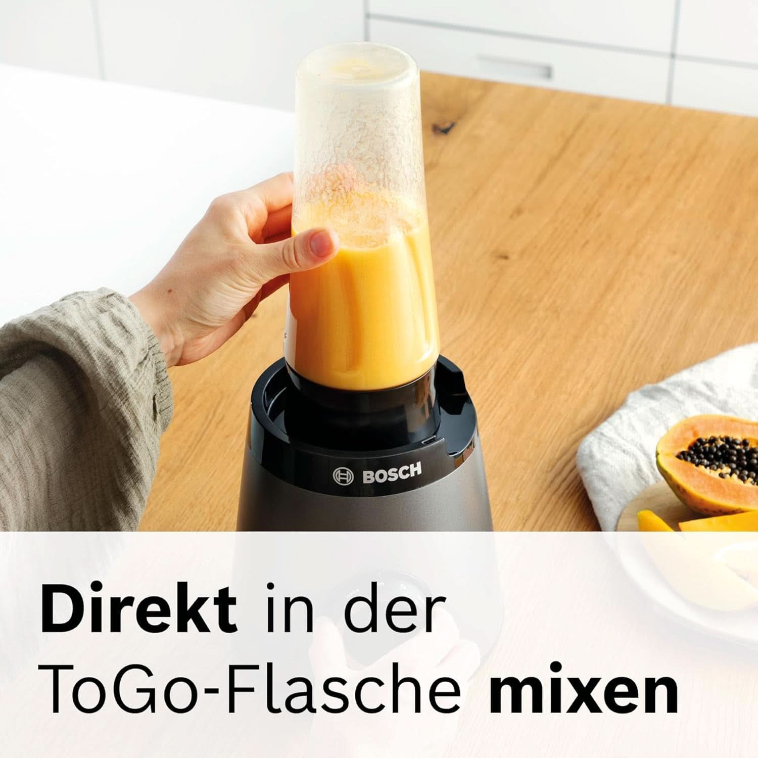 Bosch Standmixer Vitapower Serie 4 MMB6174SN, Verbesserte Version, Hochwertige Edelstahl-Klingen, 1,5L Glasbeholder, 0,6L To-Go-Flasche, Spülmaschinenfeste Teile, 30.000 U/Min, 1200 W, Sølvkøkken Naty Shop