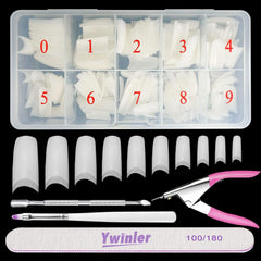 Unghii false, 500 bucăți, culori naturale, artificiale, unghii false, 10 mărimi, DIY, acrilice, cu cutie, perie de unghii, împingător de cuticule și pilă de unghii