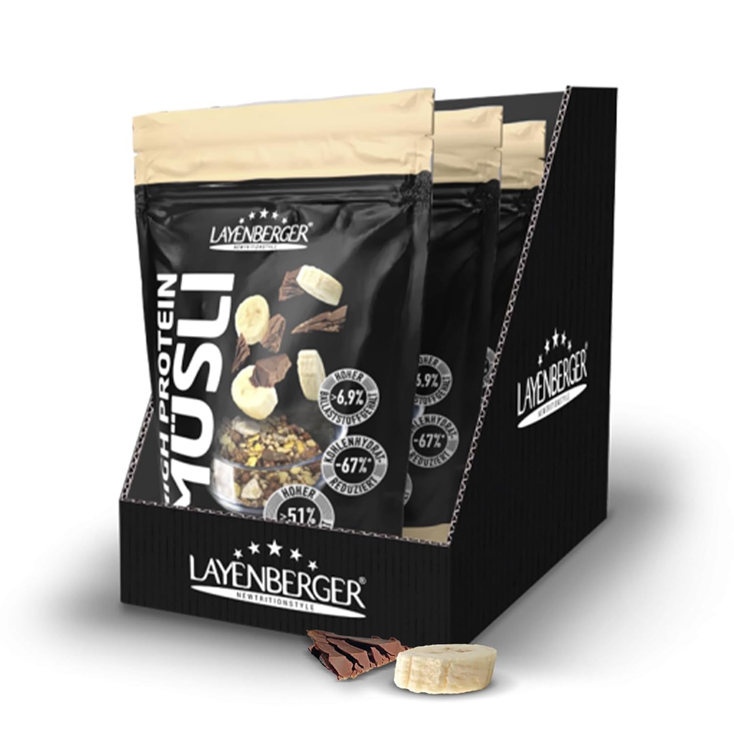 Layenberger 3K højproteinmüsli, 50% Eiweiß og 18% Kohlenhydrat - Enkeltpakke (1X 390 G) - Schoko-Nuss Cereale Naty Shop 1,17 Kg (1Er Pakke) Schoko-Banana