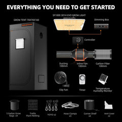 Spider Farmer SF1000 Full Spectrum Dæmpbar LED Grow Light, Samsung LM301H EVO Diode, 70x70x160cm Full Grow Telt Kit, Hydroponic Grow Telt Set, Ventilation System