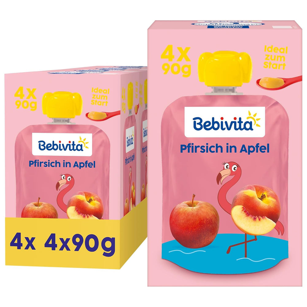 Peach Apple-pakninger - 16 pakker (4 pakker, 4 x 90 g hver), uden tilsat sukker, glutenfri, vegansk, ideel til babyer fra 5 måneder, perfekt til take-away
