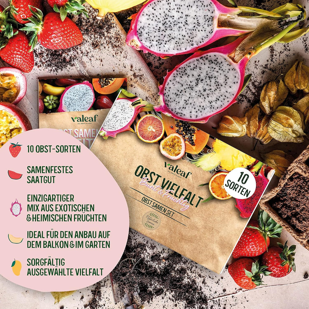 Obst Samen-Set I 10 Sorten Obstsamen I Premium Obst-Saatgut I Pflanzen Kit Inkl. - Erdbeersamen, Melonensamen, Physalis, Drachenfrucht I Pflanzen Saat I Ideales Samen-Set Geschenk