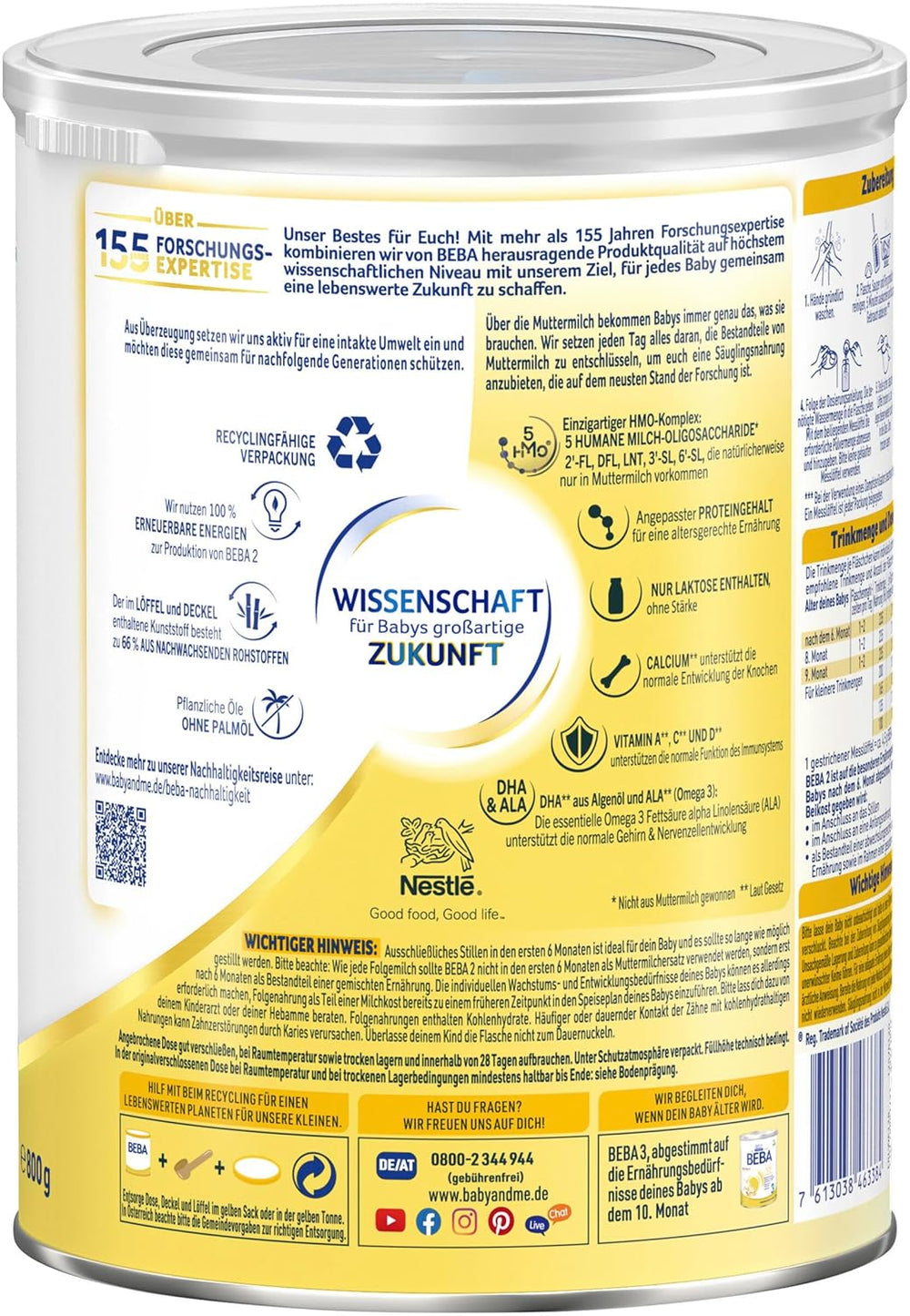 BEBA 2 - Tilskudsmælk efter 6 måneder, med 5 HMO-komplekser, alderssvarende proteinindhold, laktosefri, palmeoliefri, fiskeoliefri, babymad, babymælkpulver, 3 stk. (3 x 800 g)