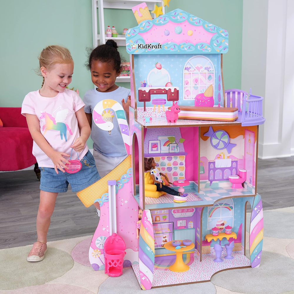 KidKraft Casă de păpuși din lemn, Castel cu bomboane, cu mobilier și accesorii, Casă cu figurină lamă unicorn, lift cornet de înghețată și scaun ursuleț gumat pentru păpuși, Jucărie pentru copii de la 3 ani în sus, 20242
