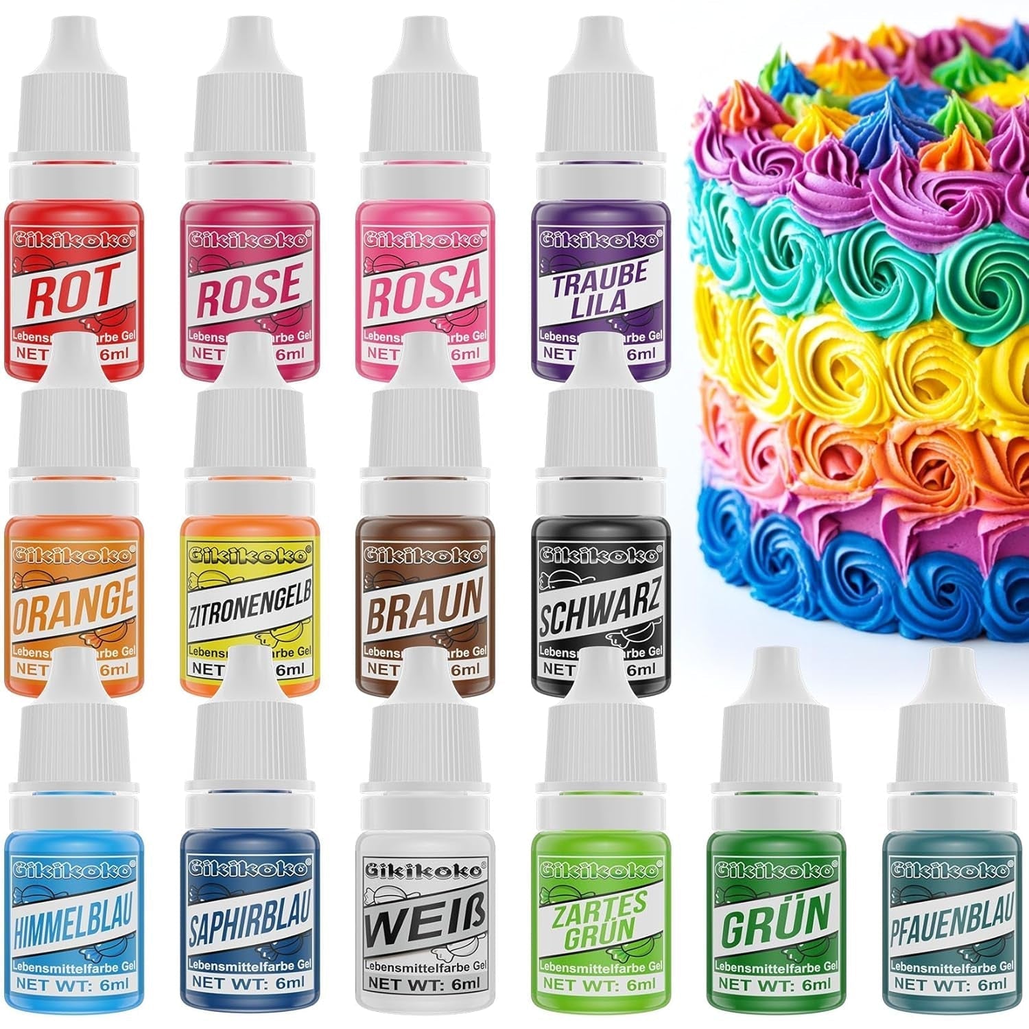 Flydende eller gele madfarver, forskellige størrelser og farver Naty Shop Sæt 14 x 6 ml Gel