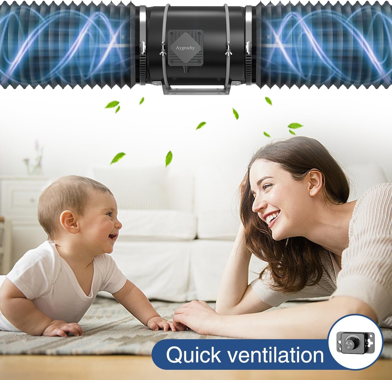 Aygrochy 200mm 70W justerbar kanalventilator EC-motorudsugningsventilator til opvarmning, køling, boostere, væksttelte, hydroponics, husholdnings-, ventilations- og udstødningsblæser.