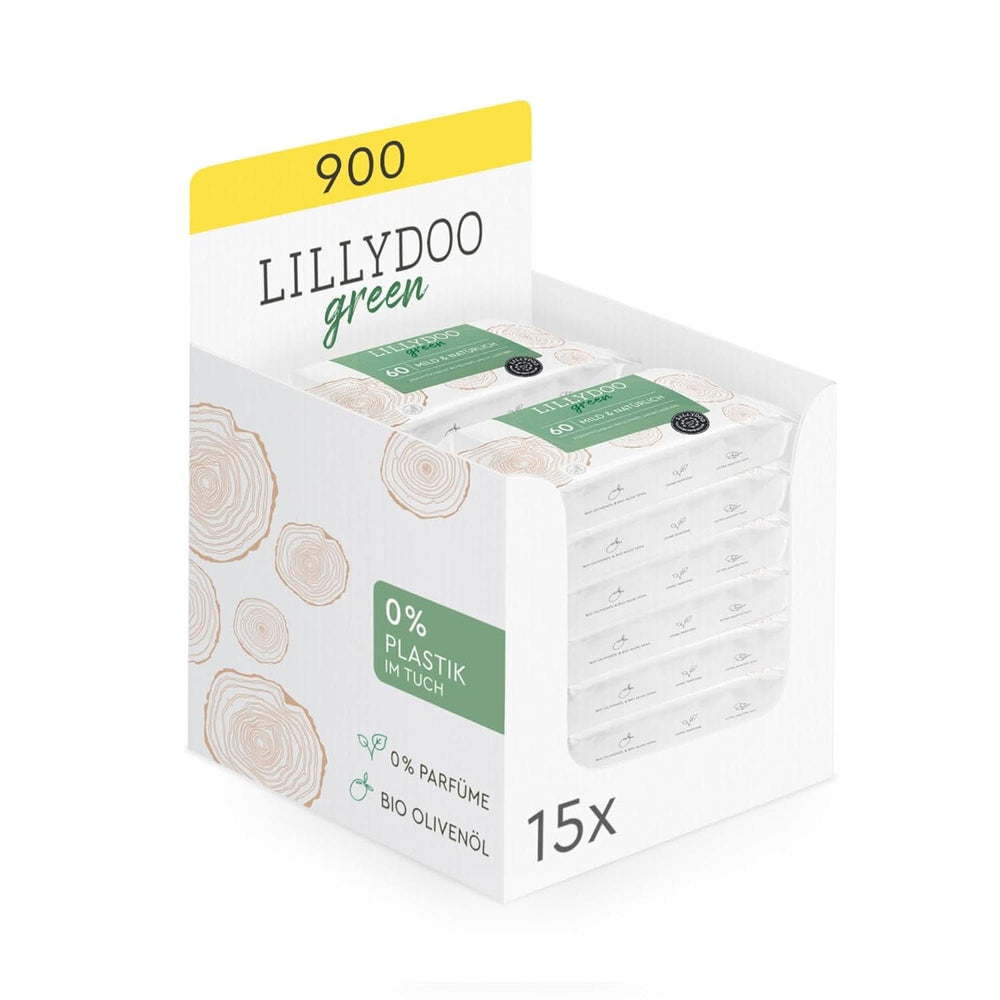 LILLYDOO grønne naturlige vådservietter, 100 % plastikfri, parfumefri (FSC Mix) Baby vådservietter Naty Shop 15 x 60 servietter