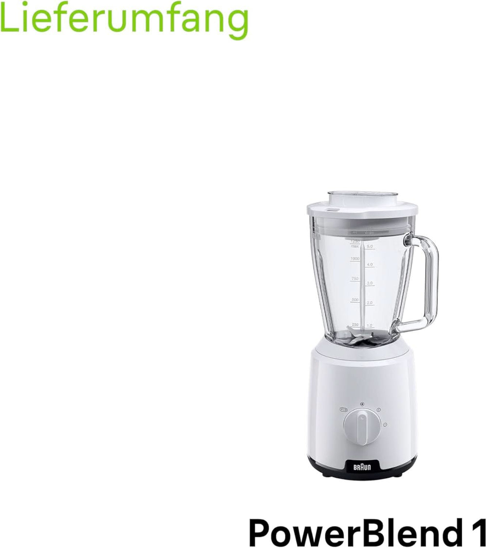 Braun Powerblend 1 JB1050WH - Standmixer Mit 1,5 L Glas-Mixaufsatz, Küchenhelfer Zum Zerkleinern, Pürieren & Mixen, Ice-Crush-Funktion, 2 Geschwindigkeiten, 600 Watt, Weiß Kitchen Naty Shop