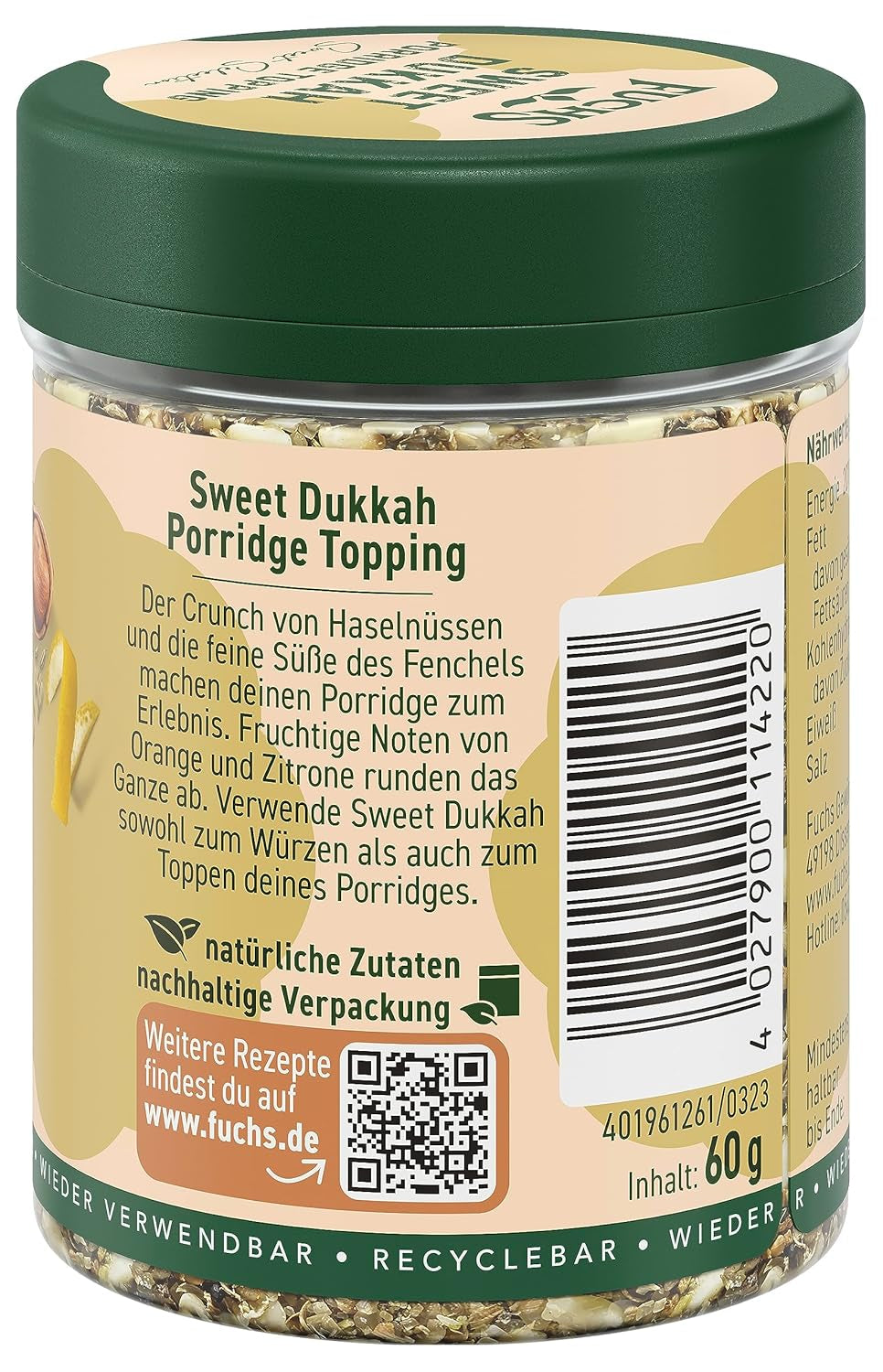 Fuchs Gewürze - Grød Topping "Sweet Dukkah" - sprød Topping med Haselnuss, Sesam og Mandeln für Havre-Meals - aus natürliche Ingrediens - 60 g i wiederverwendbarer, genbrugsbarer Dosis