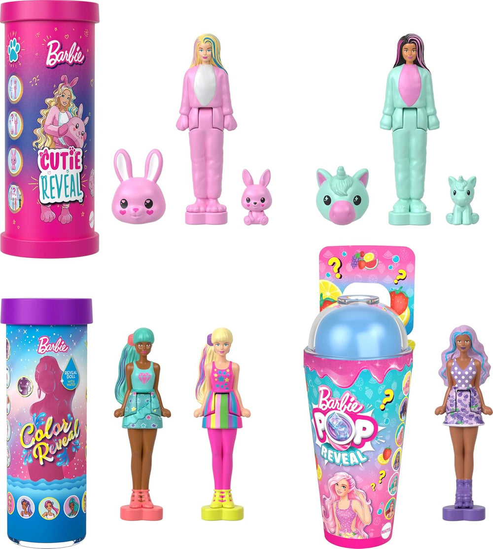 Păpuși Barbie Mini BarbieLand Reveal, set de 5 piese, păpuși cu o înălțime de aproximativ 4 cm, cu surpriză la despachetare, diverse dezvăluiri (stilurile pot varia), JCB27
