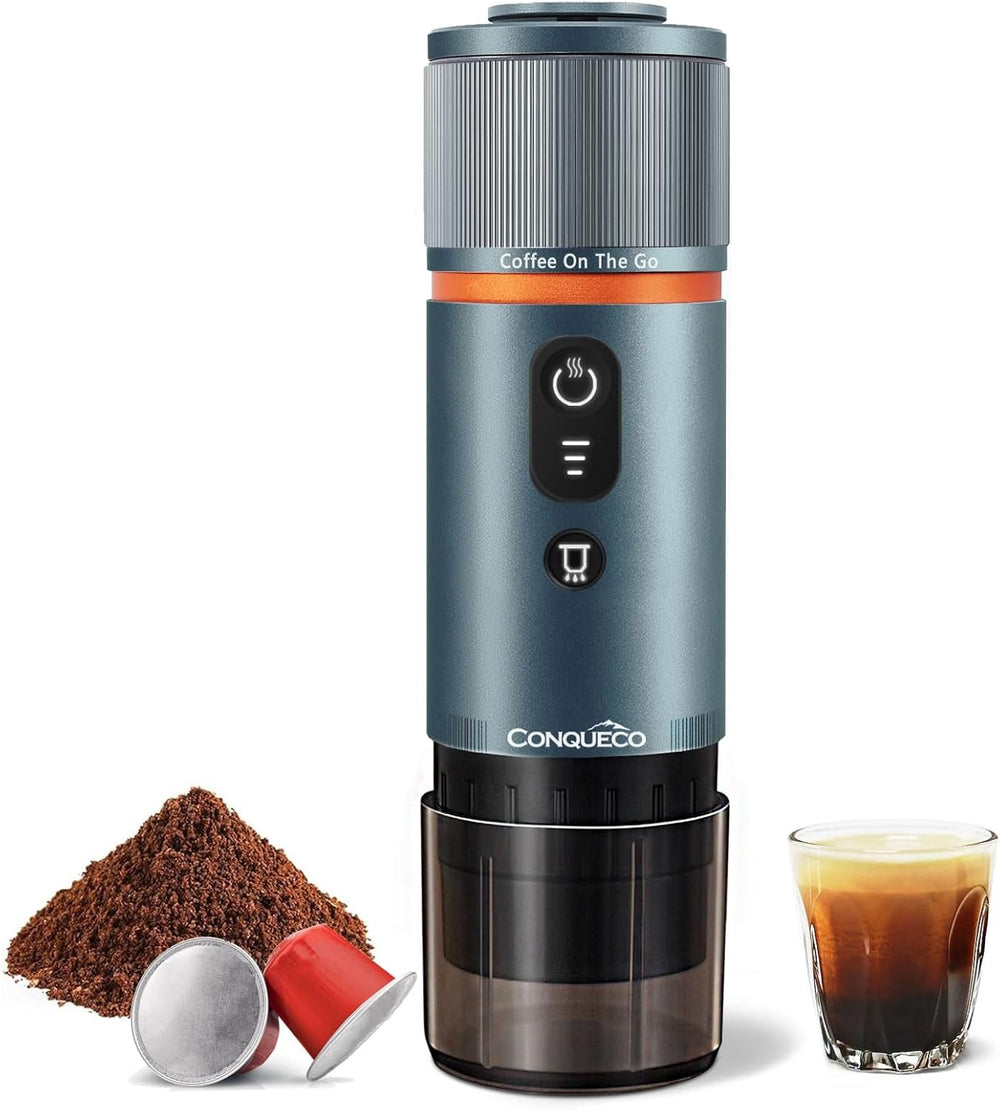 Espressor auto CONQUECO 12V: Espressor portabil cu baterie pentru camping și călătorii - Încălzire rapidă în 2,5 minute - 8 cești de espresso cu o singură încărcare