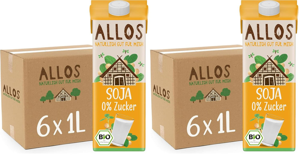 Allos Bio Sojadrink ohne Zucker | Milchalternative fra Soja | Sojadrik | Drik auf Pflanzenbasis | vegansk drik | ohne zugesetzten Zucker | vegansk | laktosefri | 1 liter (6 stykker)