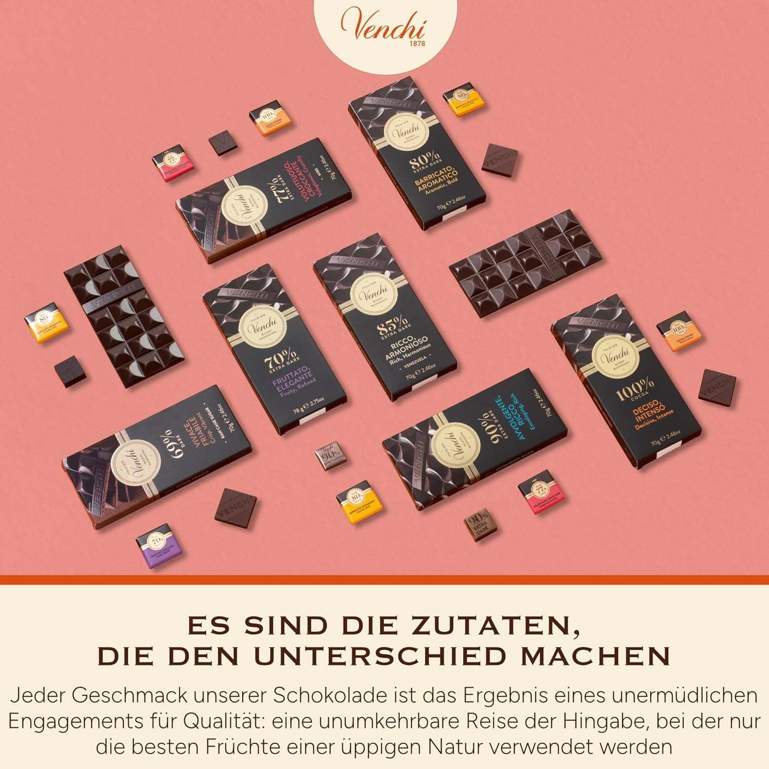 Venchi - Mørk chokolade 70%, 78 g - Med udvalgte kakaoblandinger - Glutenfri - Vegansk