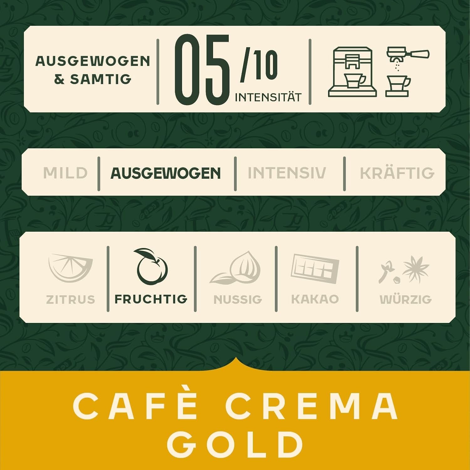 Jacobs Café Crema Gold kaffebønner 1 kg – Vollmundig, Aromatisch, Fruchtige noter, Arabica & Robusta bønner, Intensität 5/10, Ideel til Café Crema Naty Shop