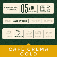 Jacobs Café Crema Gold kaffebønner 1 kg – Vollmundig, Aromatisch, Fruchtige noter, Arabica & Robusta bønner, Intensität 5/10, Ideel til Café Crema Naty Shop