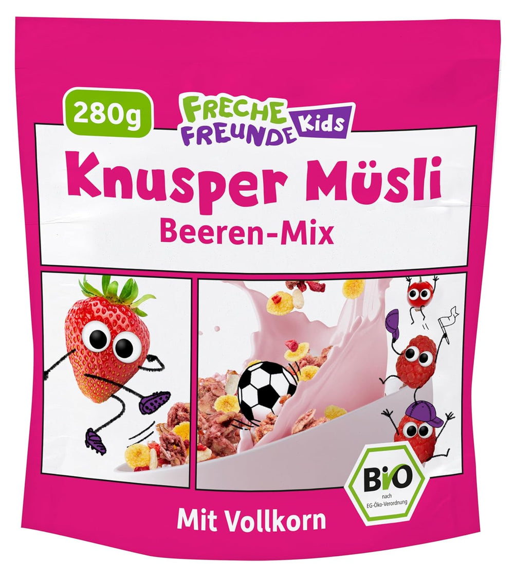 FRECHE FREUNDE Økologisk morgenmadsmüsli Eddas bærsprøde müsliblanding til skolebørn med frysetørrede jordbær Vegansk 6-pak (6 x 280 g)