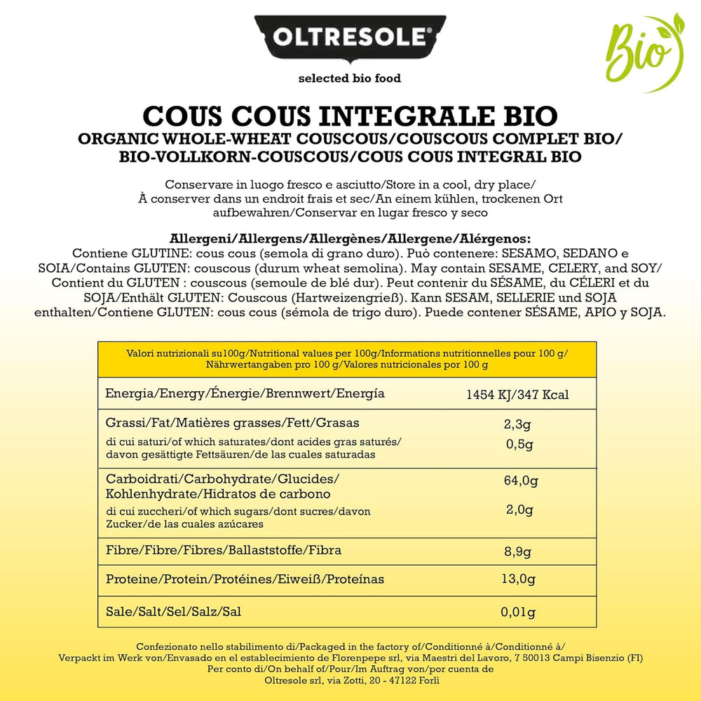 Økologisk fuldkorns couscous 5 kg, økologisk fuldkorns durumhvedemel, ideel til sunde forretter og tilbehør, praktisk størrelse