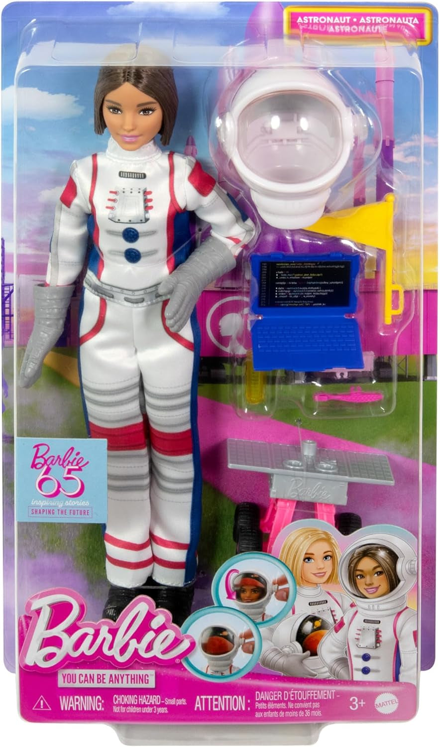 Barbie 65-års jubilæumsdukke og 10 tilbehør, brunette dukke-astronautsæt, rover på hjul, rumhjelm med tilpasset visir og mere, HRG45 Naty Shop-dukker