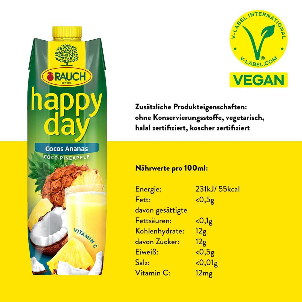 Rauch Happy Day kokos-ananas | En tur til Caribien | Ananas frugtjuice og kokosvand | 6 x 1 liter, Tetra Prisma Alkoholfri drikkevarer Naty Shop