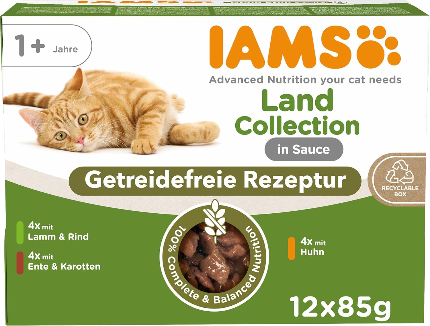 IAMS Delights Land Collection Hrană umedă pentru pisici fără cereale - Pachet multiplu cu varietăți de carne în sos, hrană umedă fără cereale pentru pisici de la 1 an, 12 x 85 g
