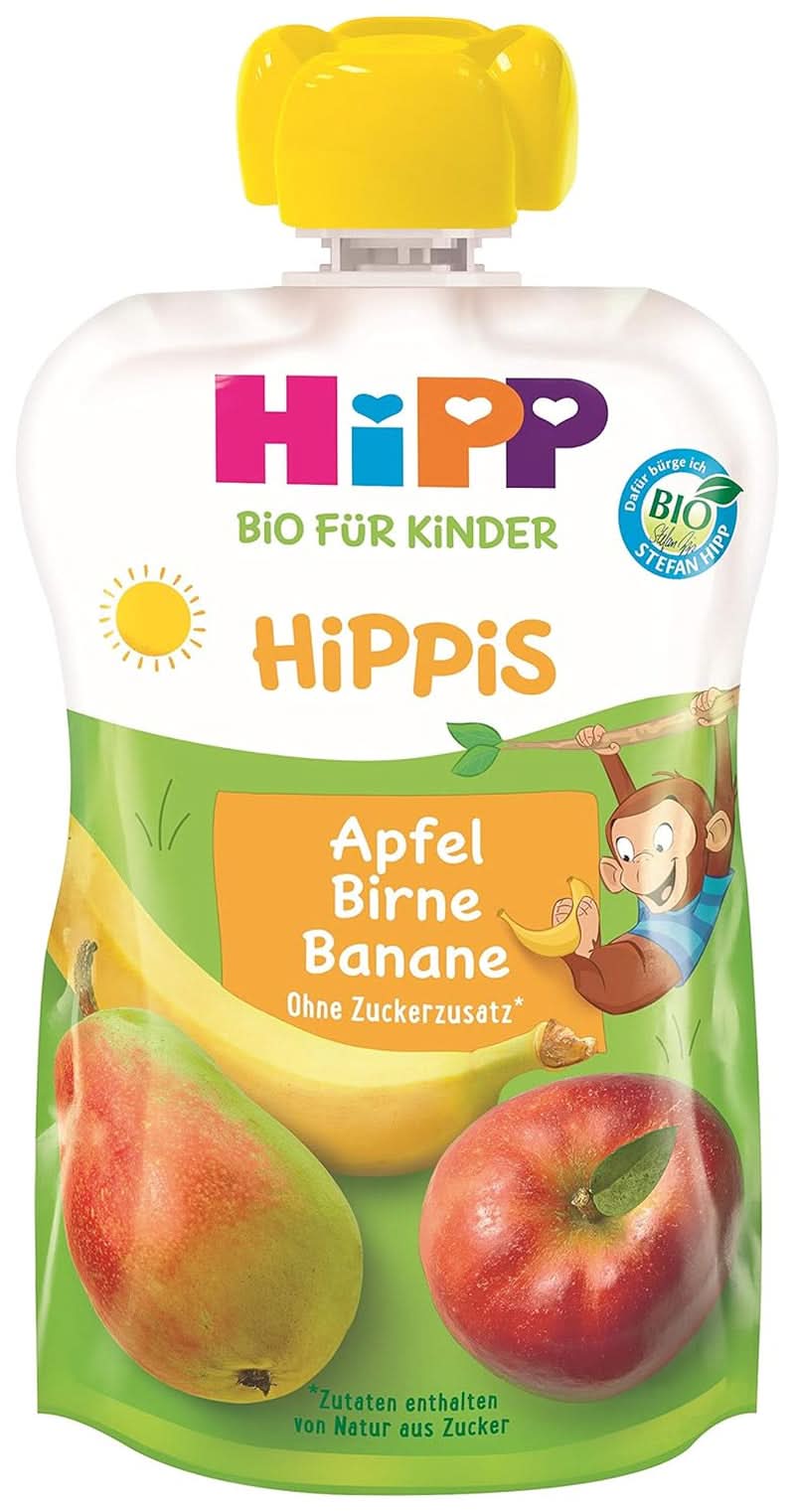 Hipp Super-Hippis presseposer, granatæble acerola i æble-hindbær, 100% økologisk frugt uden tilsat sukker, 6 poser á 100 g Mor og Barn Naty Shop 6 x 100 gram Æble-pære-banan