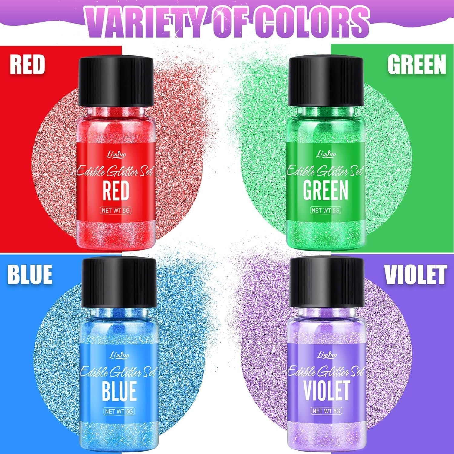 Set de sclipici comestibil - 4 culori pudră de sclipici comestibilă multicoloră, praf de sclipici pentru prăjituri, băuturi, alimente - pudră de sclipici metalică, colorant alimentar pentru cocktailuri, vin, fondant