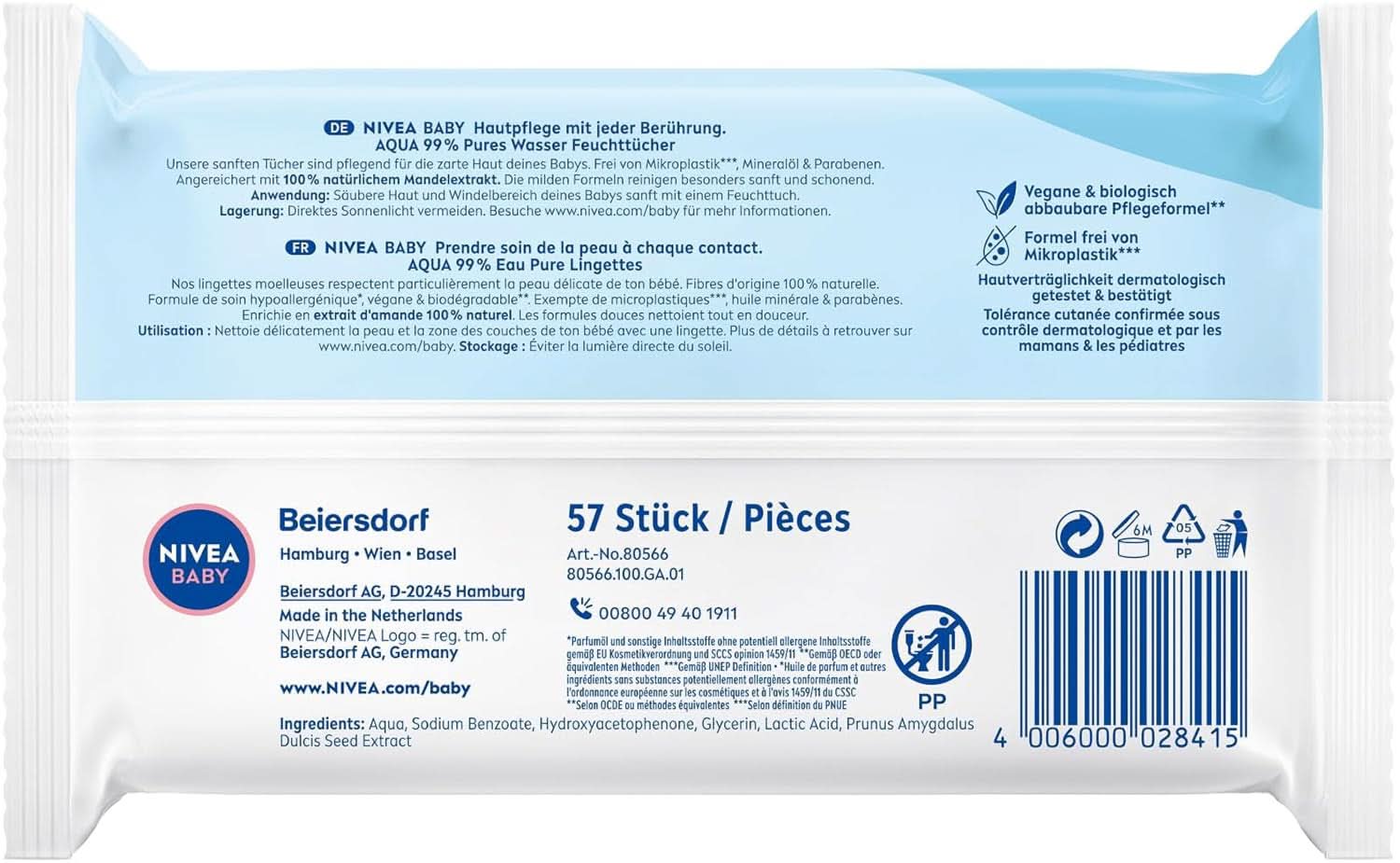 NIVEA Baby AQUA Feuchttücher, Baby Feuchttücher Zur Sanften Reinigung Empfindlicher Haut, Hypoallergene Und Parfümfreie Feuchttücher For Babies Mit 99% Wasser (1 X 57 Stück) Baby Wet Wipes Naty Shop