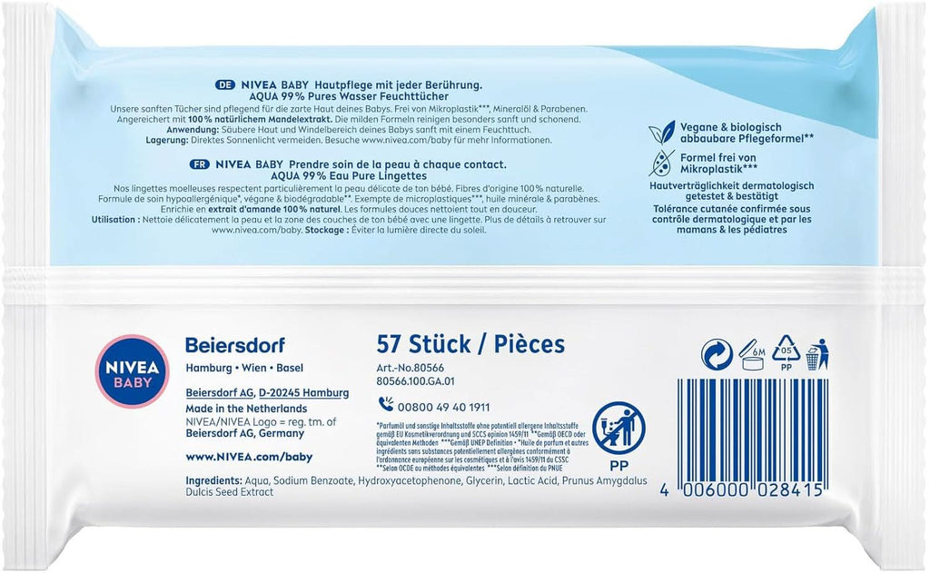 NIVEA Baby AQUA Feuchttücher, Baby Feuchttücher Zur Sanften Reinigung Empfindlicher Haut, Hypoallergene Und Parfümfreie Feuchttücher Für Babys Mit 99% Wasser (1 X 57 Stück) Servetele Umede Bebelusi Naty Shop