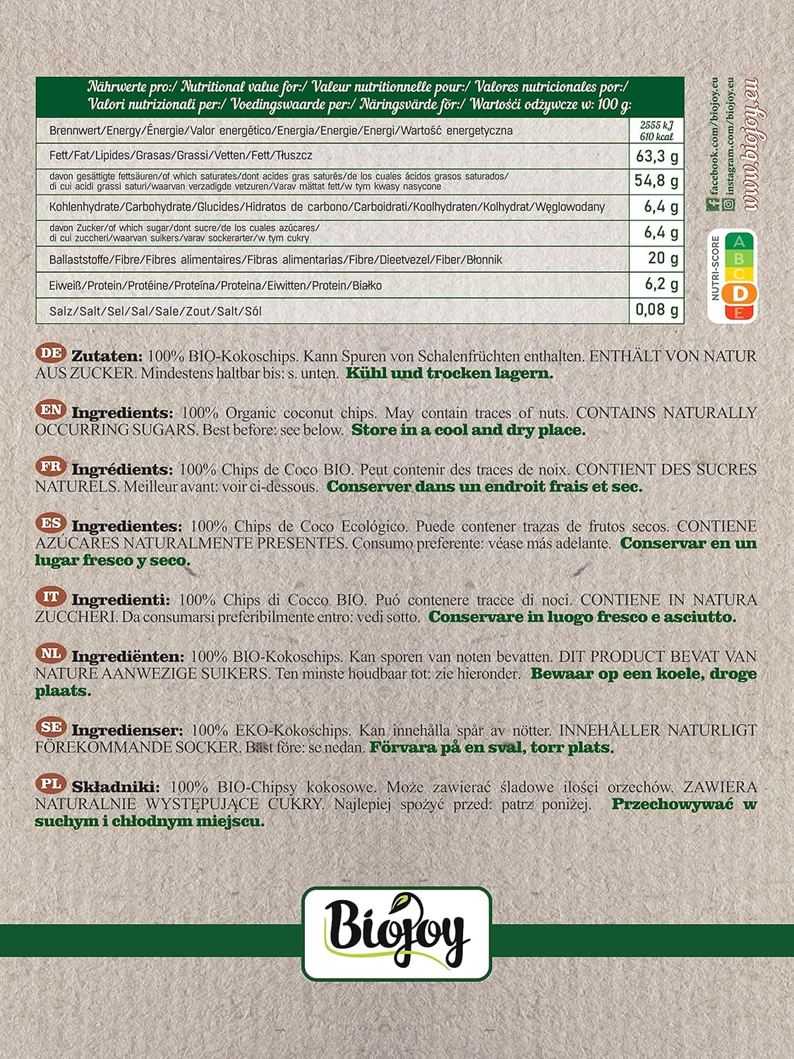 Biojoy chipsuri de nucă de cocos uscată bio (1 kg), neîndulcită și neprăjită Produse deshidratate Naty Shop