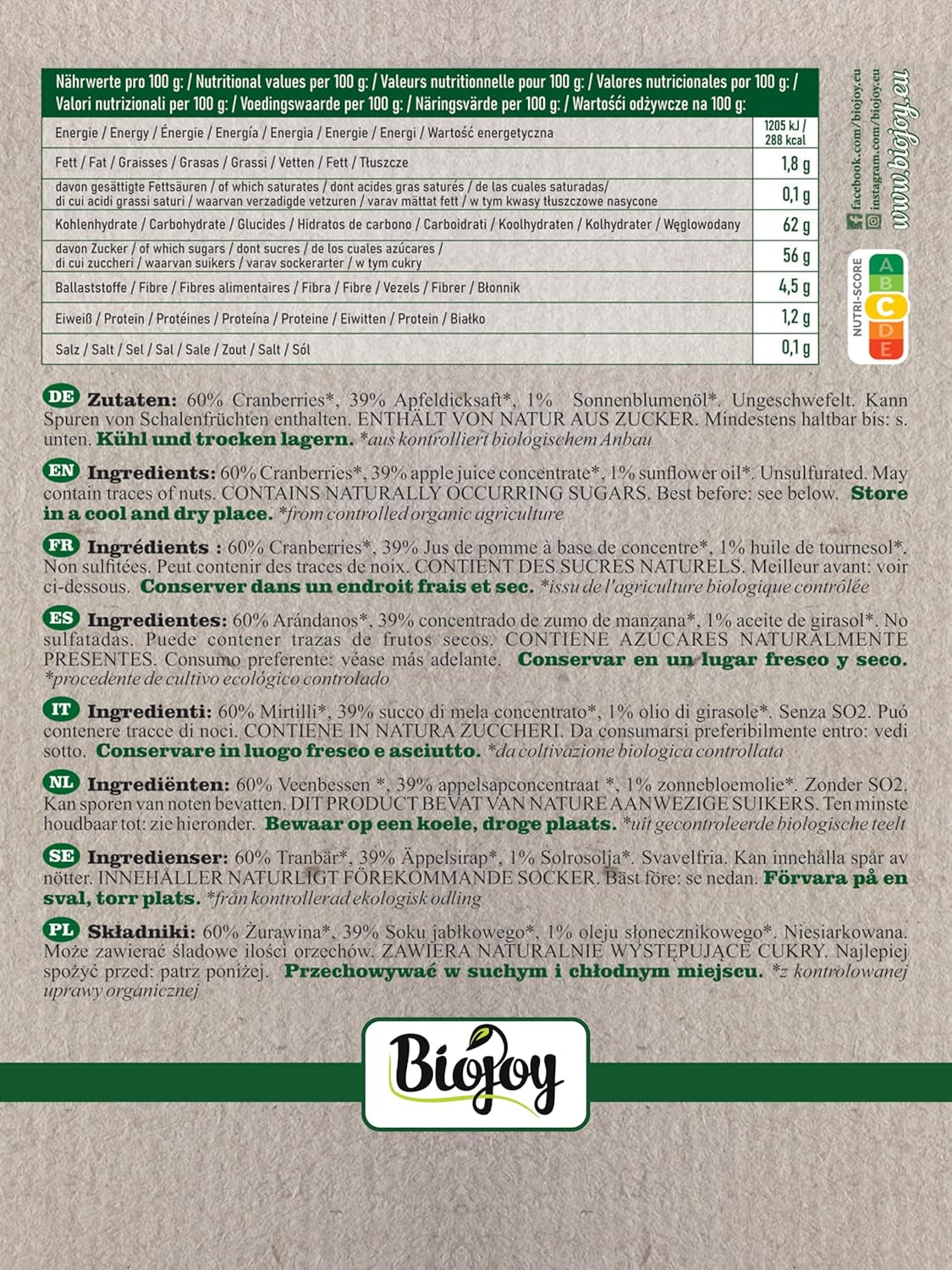 Biojoy merișoare organice uscate (1 kg), merișoare îndulcite cu sirop de mere Produse deshidratate Naty Shop