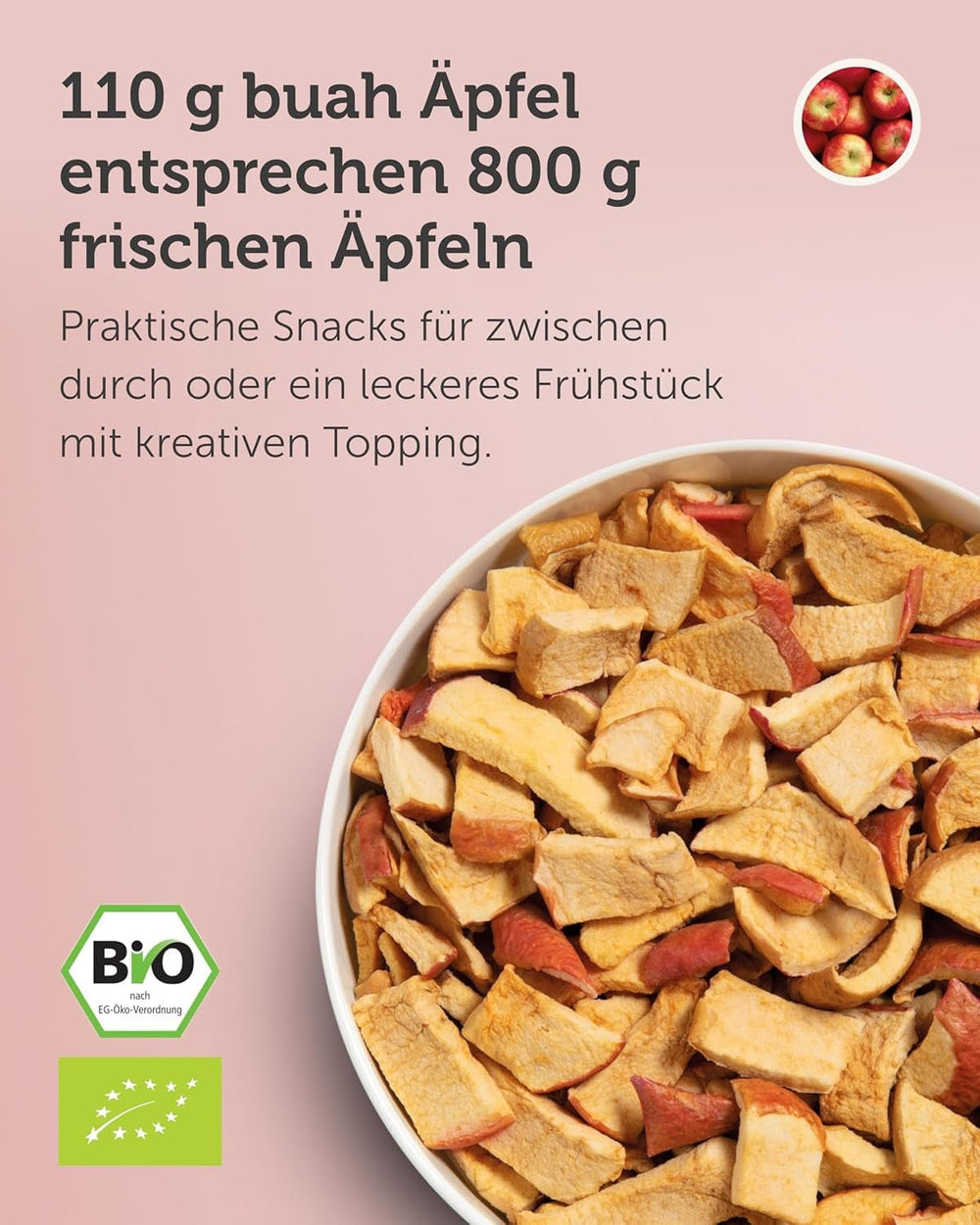 BUAH® Mere organice liofilizate | Mere organice liofilizate fără zahăr adăugat | 100% fructe liofilizate (vegan fără gluten fără lactoză) | Gustare ideală (110g) Produse deshidratate Naty Shop