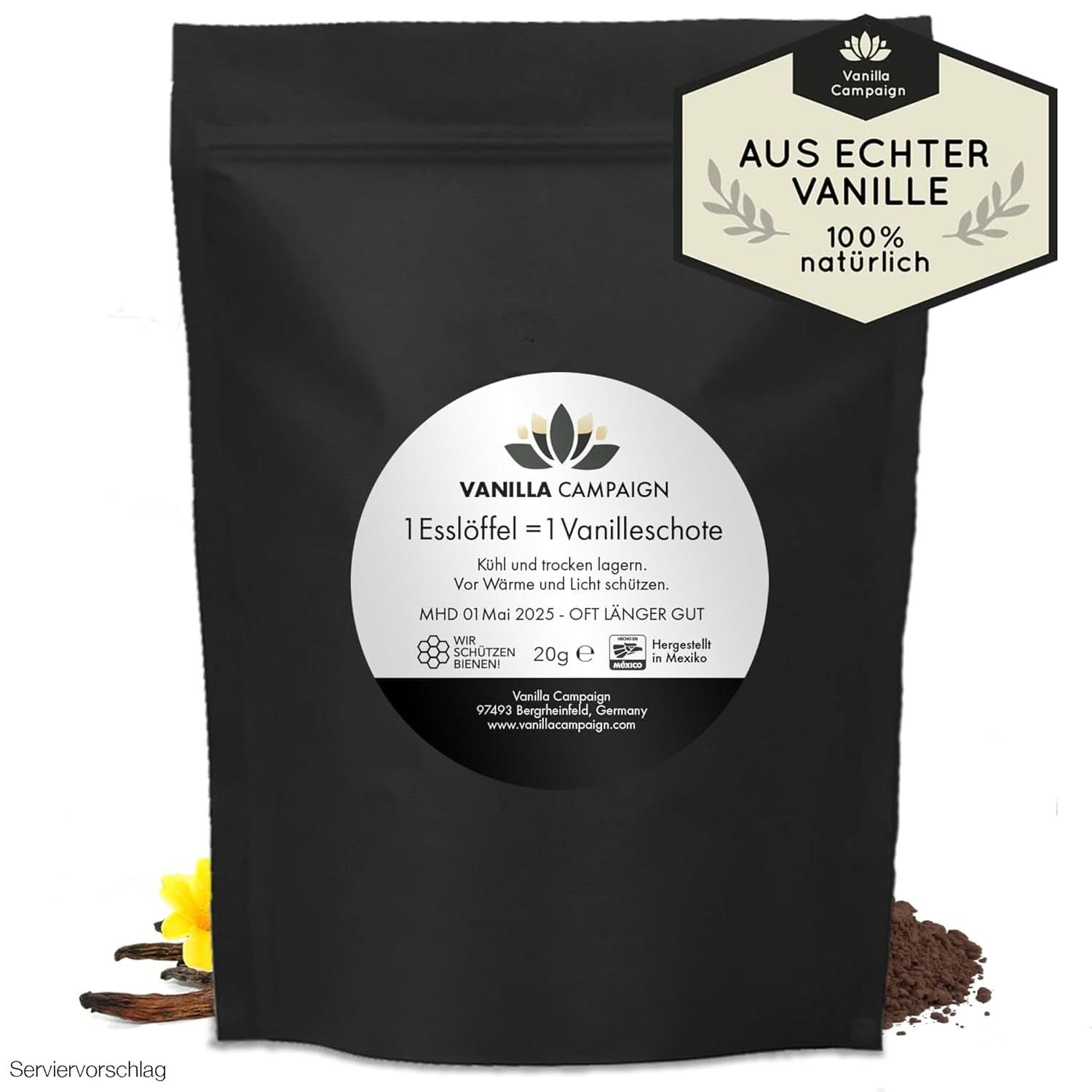 Premium vaniljepulver fra ægte vaniljebønner, naturligt, sukkerfrit, uden tilsætningsstoffer, fairtrade, vegansk (40 g uden emballage) fra Vanilla Campaign® Flavours Naty Shop