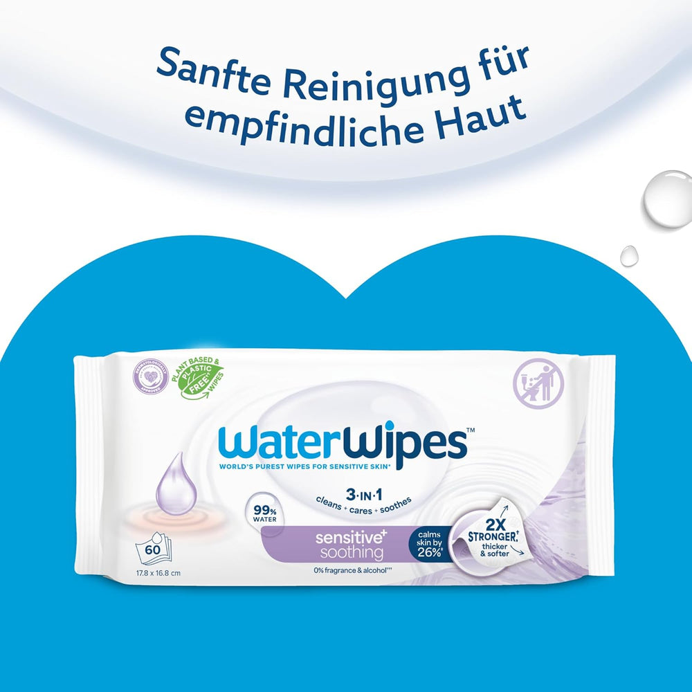 WaterWipes Sensitive+ Soothing Clean 360 stk (6 pakke) 3-i-1 rensning, pleje og beroligende 99 % vand med planteekstrakt uparfumerede babyservietter